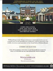 WindsorMeade Retirement Community at Williamsburg VA 2008 Print Ad 8 x 10 - Picture 1 of 1