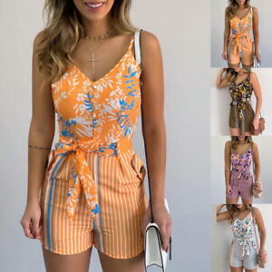 Womens Boho Floral Mini Jumpsuit Romper Summer Holiday Beach Playsuit Shorts 16