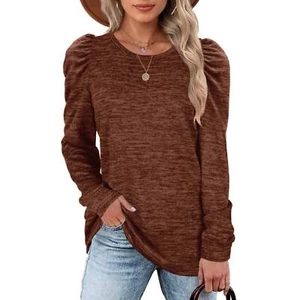 Women Crewneck Sweatshirt Fashionable Casual Loose Hem Long Puff Sleeve Blouse - Picture 1 of 33