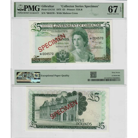 1975 Gibraltar £5 Collector Series Specimen Pick#21CS1 PMG 67 Superb Gem UNC Cover