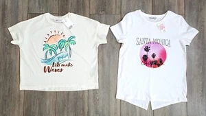 NEW GIRLS T-Shirts x 2 Age 10-11 -H&M/Matalan -White -Holiday -Palm Tree BNWT - Picture 1 of 6