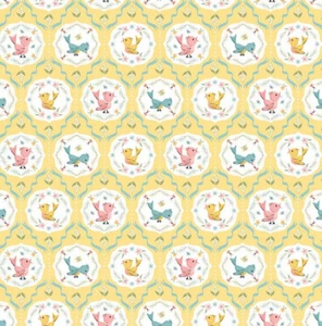 Finding Wonder Tweeting gelbe Vögel Stoff Mohnblumen Baumwolle Meterware - Bild 1 von 5