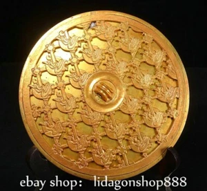 7.6" Old Chinese Copper 24K Gold Gilt Hollow Out Flower Beast Copper Mirror - Picture 1 of 8