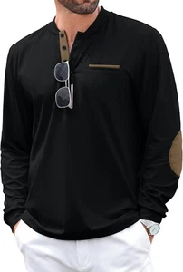 Men's Henley Golf Shirts Long Sleeve Collarless Golf Shirt Casual Moisture Wicki - Picture 1 of 6