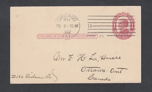 USA 1912 1C POSTAL STATIONERY CARD CHICAGO MACHINE CANCEL TO OTTAWA CANADA - Picture 1 of 2