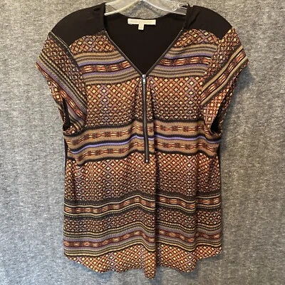 Daniel Rainn Blouse Womens Large Brown Aztec Print Zip Front Cap Sleeve Top - Image 1 of 4