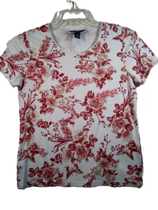 Karen Scott Top Women M White Floral Round Neck Short Sleeve - Picture 1 of 11