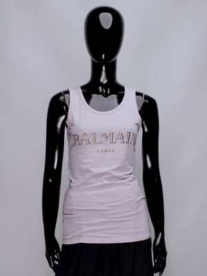 Womens BALMAIN Paris Vintage Gold Printed Logo Pink Sleeve Lees Tank Top Size M - image 1 of 4