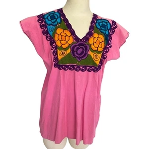 VINTAGE Pink Handmade Mexican Embroidered Floral Hippie Boho Top Blouse, M - Picture 1 of 10
