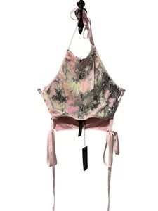 NWT Dolls Kill / Club Exx Sequin Halter Top Size Large Pink Ribbons O Ring I18 - Picture 1 of 8
