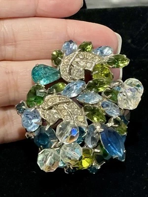 Vintage Kramer NY Greens & Blues Rhinestones and Dangles Pin - Image 1 of 4