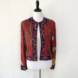 Vintage Silk Sequin 80s Jacket Gold Red Retro Glam Funky Cocktail Medium Beaded - Picture 1 of 21
