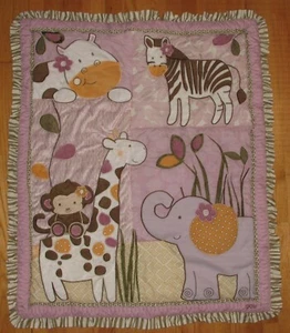 48x36 Purple Jungle Cocalo Crib Quilt Elephant Monkey Giraffe Zebra Blanket - Picture 1 of 5