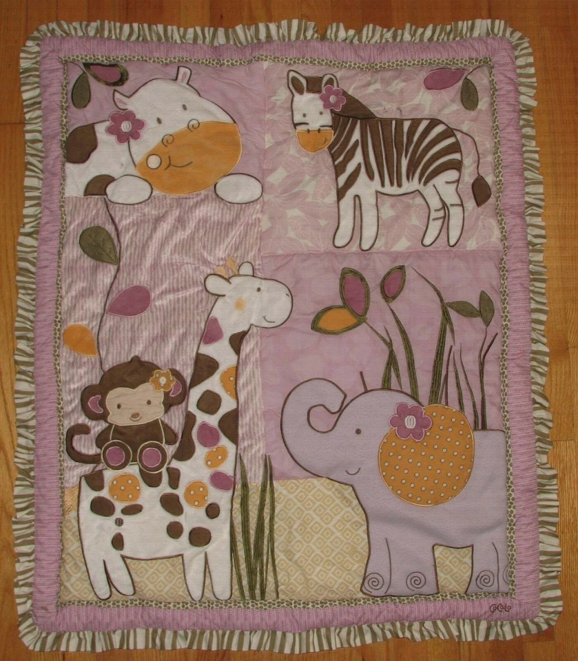 48x36 Purple Jungle Cocalo Crib Quilt Elephant Monkey Giraffe Zebra Blanket - Image 1 of 4