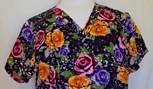 Nurse Scrub Tafford Multicolor Roses Pullover Size L Cotton Floral Uniform - Picture 1 of 8
