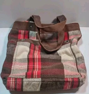 Abercrombie & Fitch Brown Red Plaid Tote Bag Carry All Wool Blend 15" X 14" - Picture 1 of 12