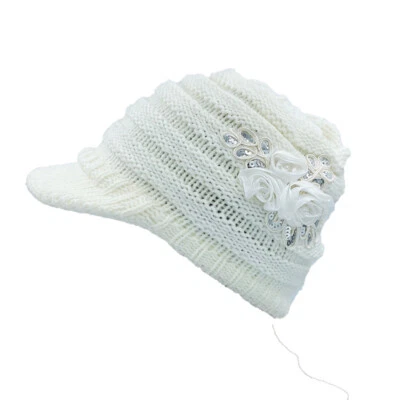 Sombrero tejido con cable para mujer con flor, invierno cálido acento gris lindo gorro visera Foto 1 de 4