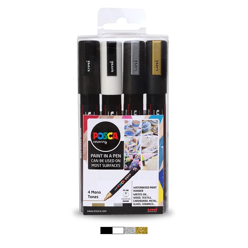 Juego de marcadores Posca PC-5M metálicos, negros, blancos (4 piezas) suministros de arte de graffiti Foto 1 de 1