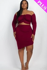 Woman's Burgundy Off Shoulder Plus Size Crop Top Ruched Skirt Set $28 2XL - Picture 1 of 1