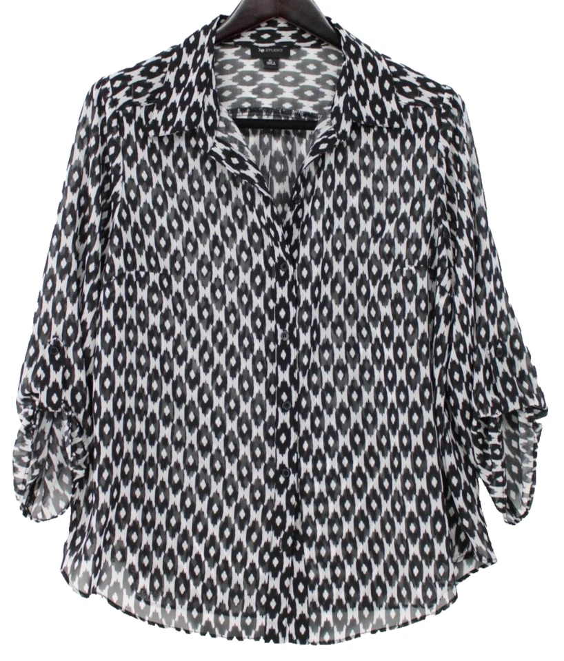 Top AB Studio para mujer talla XL negro gris estampado animal mangas 3/4 lengüeta enrollable Foto 1 de 4