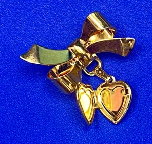 Ribbon Bow with Dangling Heart Picture Locket Small Gold Color Brooch Pin - Picture 1 of 13