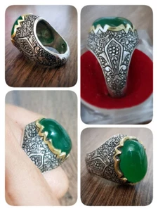 Unique Handmade Persian Silver Ring (Green Agate ) 925 Silver - Picture 1 of 10