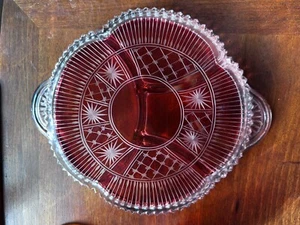 Antique Paden City “glades” Ruby Stain Crystal Starbursts Divided Tray 1930s - Picture 1 of 9