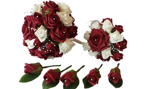 Blumenstrauß Konvolut, 2 Sträuße & 7 Knopflöcher in Burgund & weißen Rosen & Perlennadeln - Bild 1 von 6
