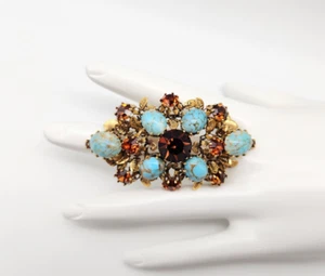 VINTAGE MARKED/SIGNED AUSTRIA TURQUOISE & RHINESTONE DOMED JEWELRY BROOCH/PIN !! - Picture 1 of 10