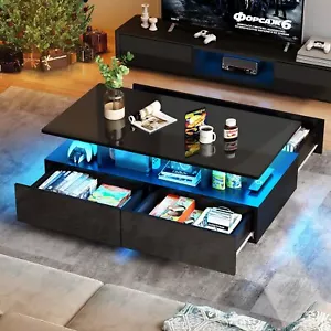 High Glossy 16 Color LED Coffee Table with 4 Drawers Storage Modern Living Room - Picture 1 of 11