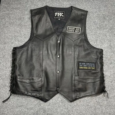 Винтажный FMC кожаный жилет мужской 52 мотоциклиста мотоцикла Western карманы езды с нашивками - Изображение 1 из 4