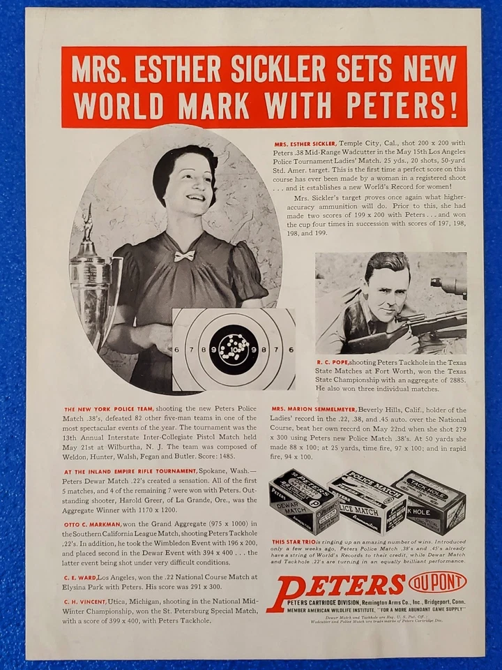 1938 PETERS/DUPONT CARTUCHO DIVISIÓN MUNICIÓN MARCAS HISTORIA EXITOSA ANUNCIO IMPRESO Foto 1 de 1