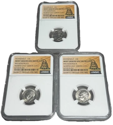 Roosevelt Dime 10c Broadstruck Mint Error Don’t Tread On Me Label NGC Lot Set - Image 1 of 4