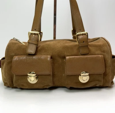 MAXX New York Suede Shoulder Purse Multi Pockets Barrel Bag Paisley Liner Camel - Image 1 of 4