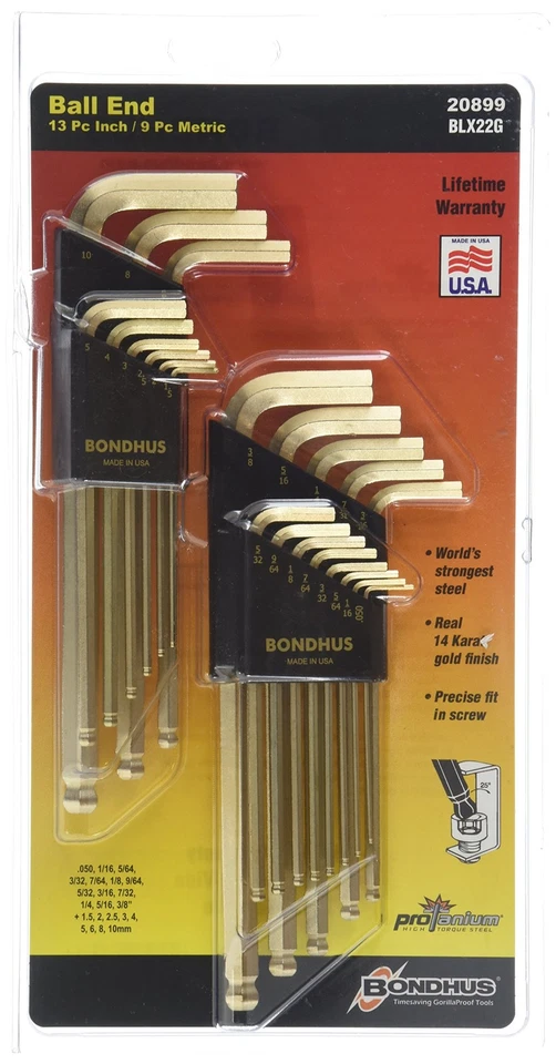 Bondhus 20899 13 Piece Fractional And 9 Piece Metric Hex Ball End Wrench Set - Image 1 of 1