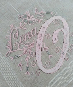 Vgt Pink & Gray Embroidered LENA O White Cotton Hankie Handkerchief - Picture 1 of 3