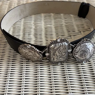 Chico's Black Adjustable Triple Medallion Rhinestone Waist/Hip Belt 40" Total - Image 1 of 4