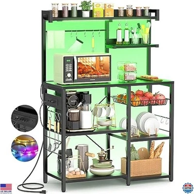 Estante para panaderos con toma de corriente, luces LED, soporte para microondas, estante de almacenamiento, negro Foto 1 de 4