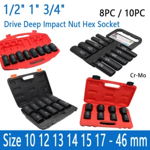 1/2" 1" 3/4" Drive Deep Impact Nut Hex Socket Set Axle Hub Nut 6-Point 8PC/10PC - Picture 1 of 10