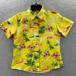 SSLR Shirt Girls Medium Button Up Blouse Top Floral Hawaiian Birds Yellow - Picture 1 of 8