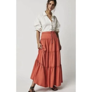 NWT Free People Dreamweaver Maxi Skirt Denim Jean Tiered High Rise Orange Sz XS - Picture 1 of 15
