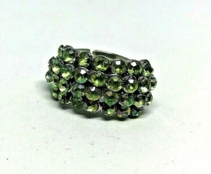Vintage Silver Metal Green Rhinestone Diamante Ring 1980' Size N Sizable - Picture 1 of 4