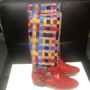 Nando Muzi Vintage Boots Multicolor Leather Basket -Weave Silver Buckle Size 7.5 - Picture 1 of 14