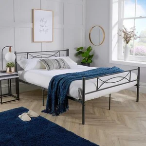 4ft Small Double Bedframe Powder Coated Headboard Matt Dark Grey Metal Frame - Picture 1 of 7
