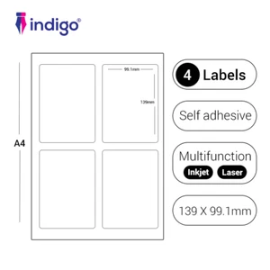 indigo Multi Purpose Sticker Labels, 4 Labels Per Sheet ( 139 x 99.1 mm ) - Picture 1 of 4