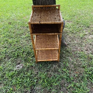 Vintage 26” Bamboo Woven Rattan Wicker Side Table 4 Shelves Bohemian Beach Brown - Picture 1 of 15