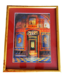 Fun colorful framed & matted vintage art print of an ornate hallway - Imagen 1 de 8