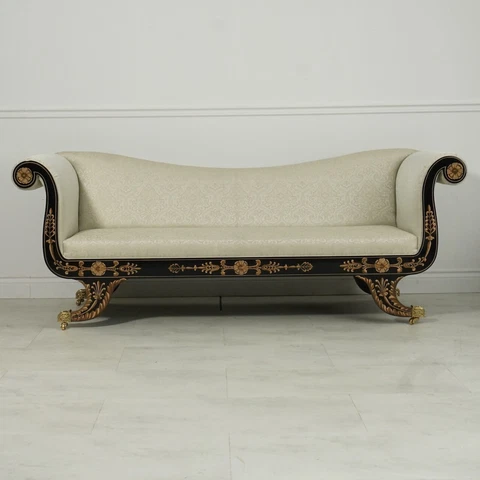 Stunning Neoclassic 3 seater sofa mahogany wood piano black damask upholstery Cover