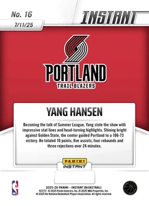 Presale GRADED GEM-MT 10 Yang Hansen RC 2025 Panini Instant ROOKIE DEBUT #16 - Picture 1 of 5
