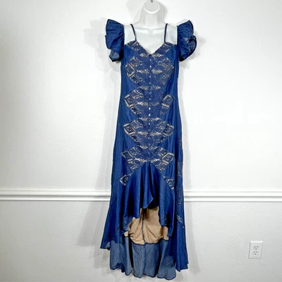 Vestido maxi feminino Sky Off Shoulder alto baixo L azul forrado de renda boho novo com etiquetas - Imagem 1 de 4